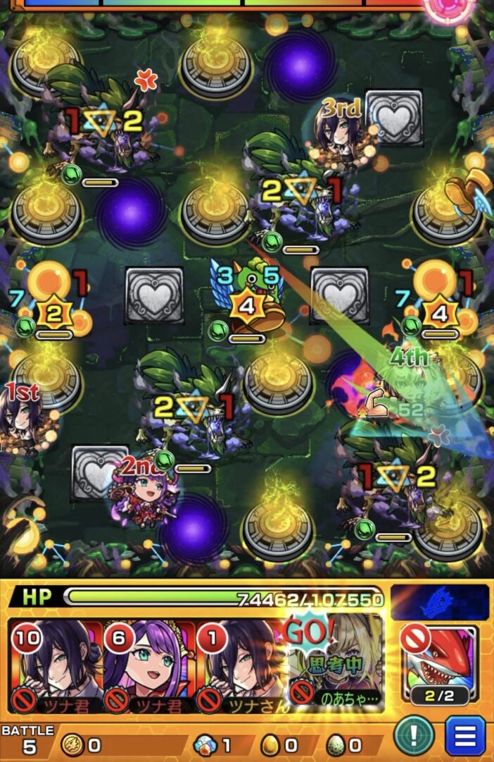 ステージ5の2手目でマサムネSSを使い2壁で攻撃力アップを発動させバジリスク4体を同時処理して突破した場面