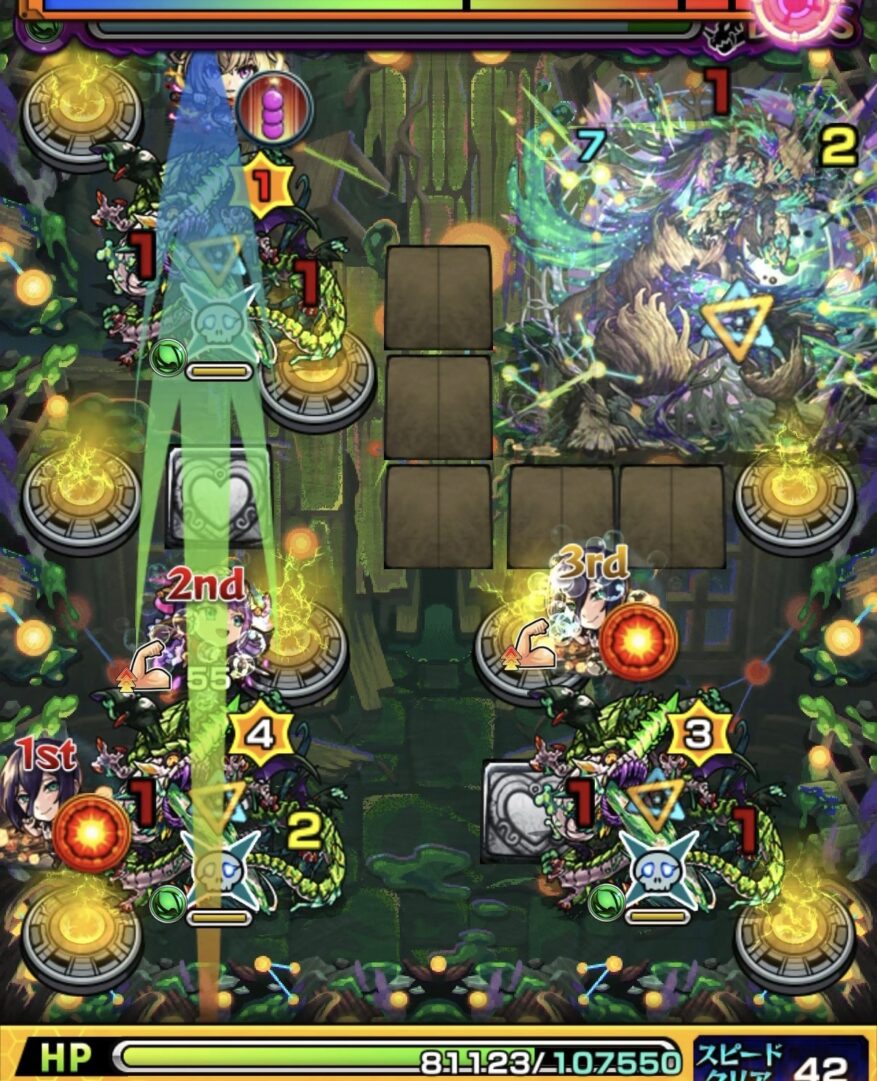 ボス1の2手目で上バジリスクのカウントを1で固定し下バジリスクを3に調整して次ターンの同時処理準備をした場面