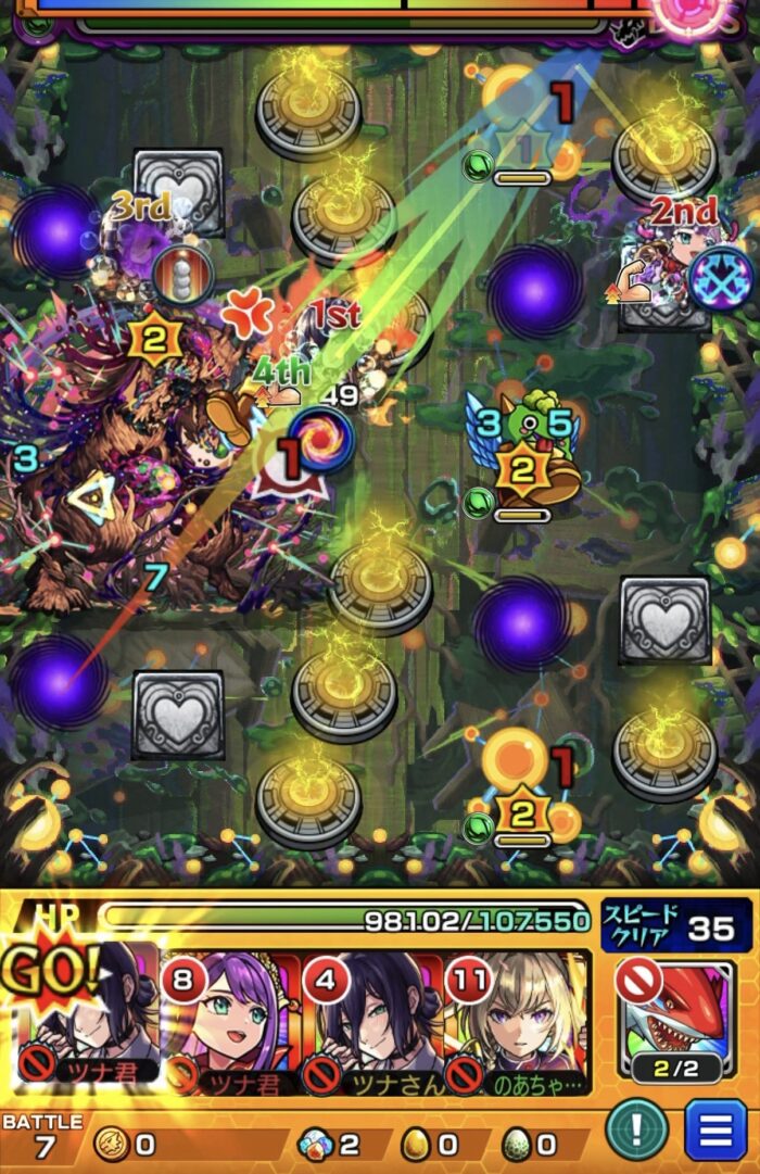 ボス2の2手目でレゼのSSを使い2壁で攻撃力アップとハートパネル起動を発動させ回復しながらボスに大ダメージを与えた場面