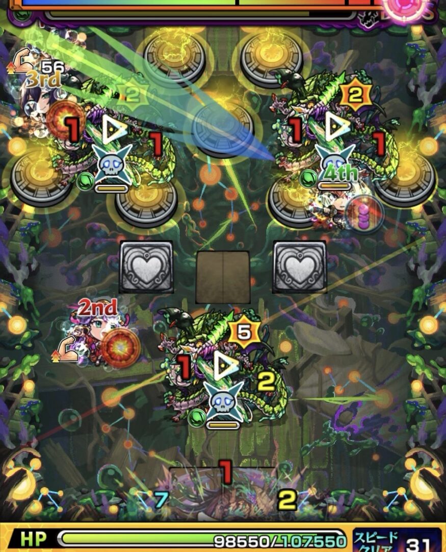 ボス3の2手目で上バジリスク2体のカウントを2で固定し右壁に触れて下バジリスクのカウントを調整した場面