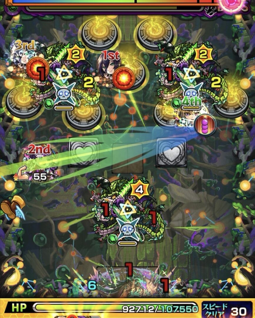 ボス3の3手目で右壁から上バジリスク2体をカウント1で固定しさらに3壁で下バジリスクも1に揃えて同時処理準備をした場面