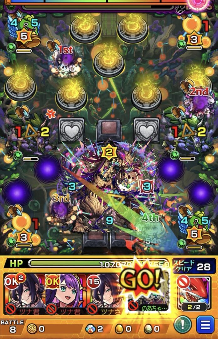 ボス3の5手目でマサムネSSを使い2壁で防御ダウンを発動しさらに分子で攻撃力アップを受けボスに大ダメージを与えた場面