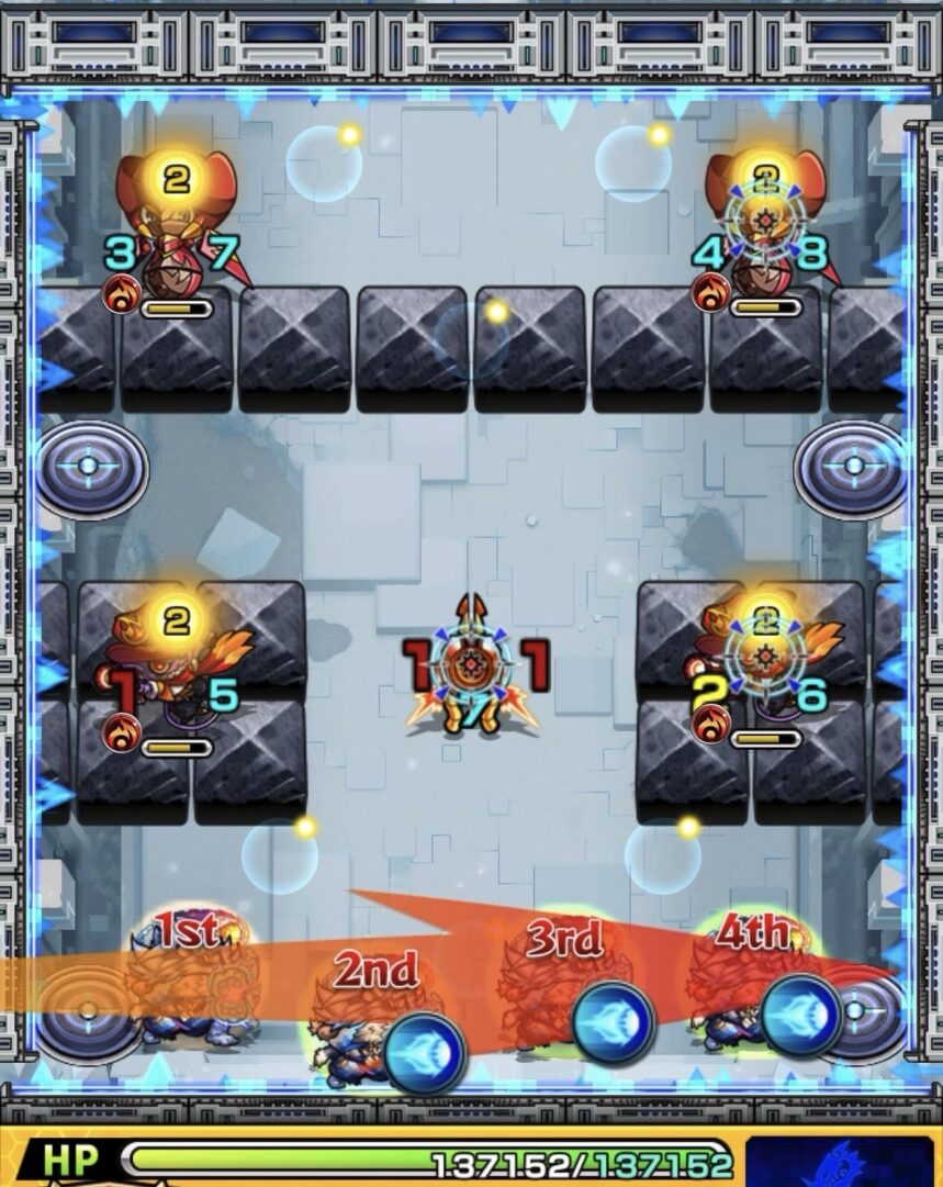 ニギミタマの星墓ステージ1でフォトンを付与してガンマンと壁のあいだに入り処理した場面