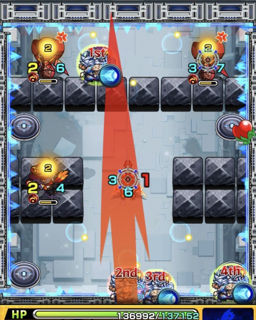 ニギミタマの星墓ステージ1でフォトンを2個回収してガンマンに攻撃しHPを削った場面