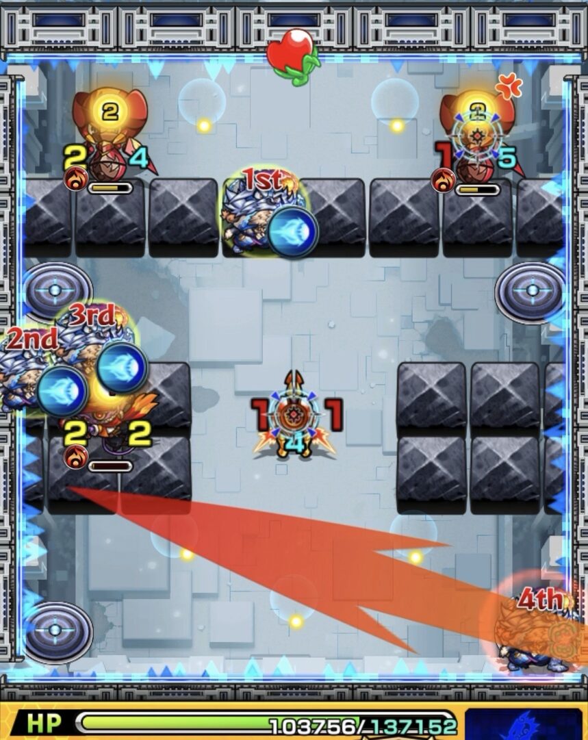 ニギミタマの星墓ステージ1でフォトンを付与してガンマンと壁のあいだに挟まり処理した場面