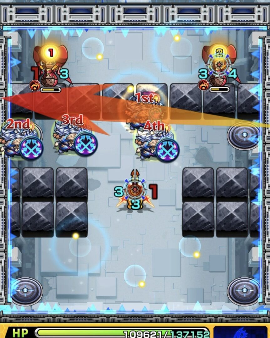 ニギミタマの星墓ステージ1でフォトンを2個回収してハンシャインと壁のあいだに挟まり処理した場面