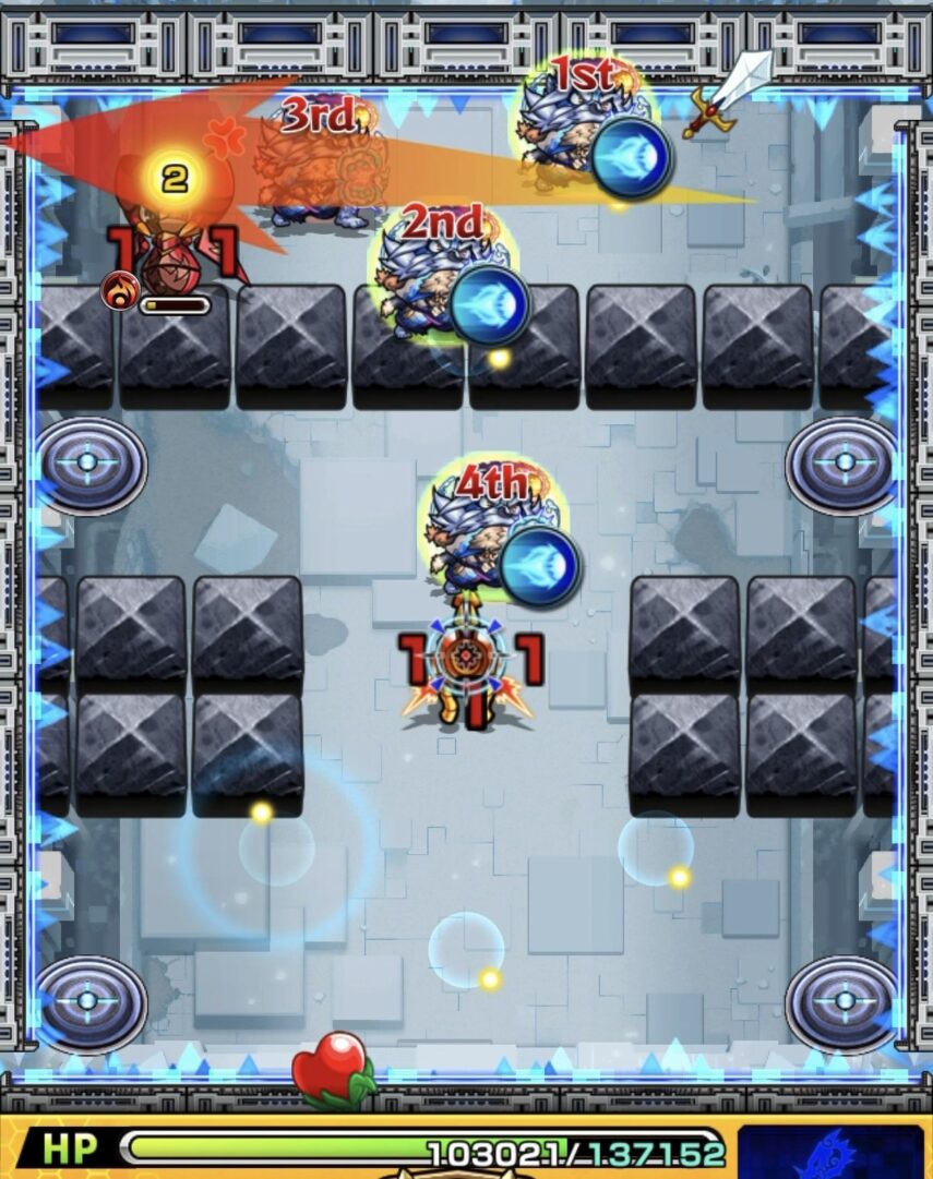 ニギミタマの星墓ステージ1で全滅直前にフォトンを2個付与してハンシャインを処理し突破した場面