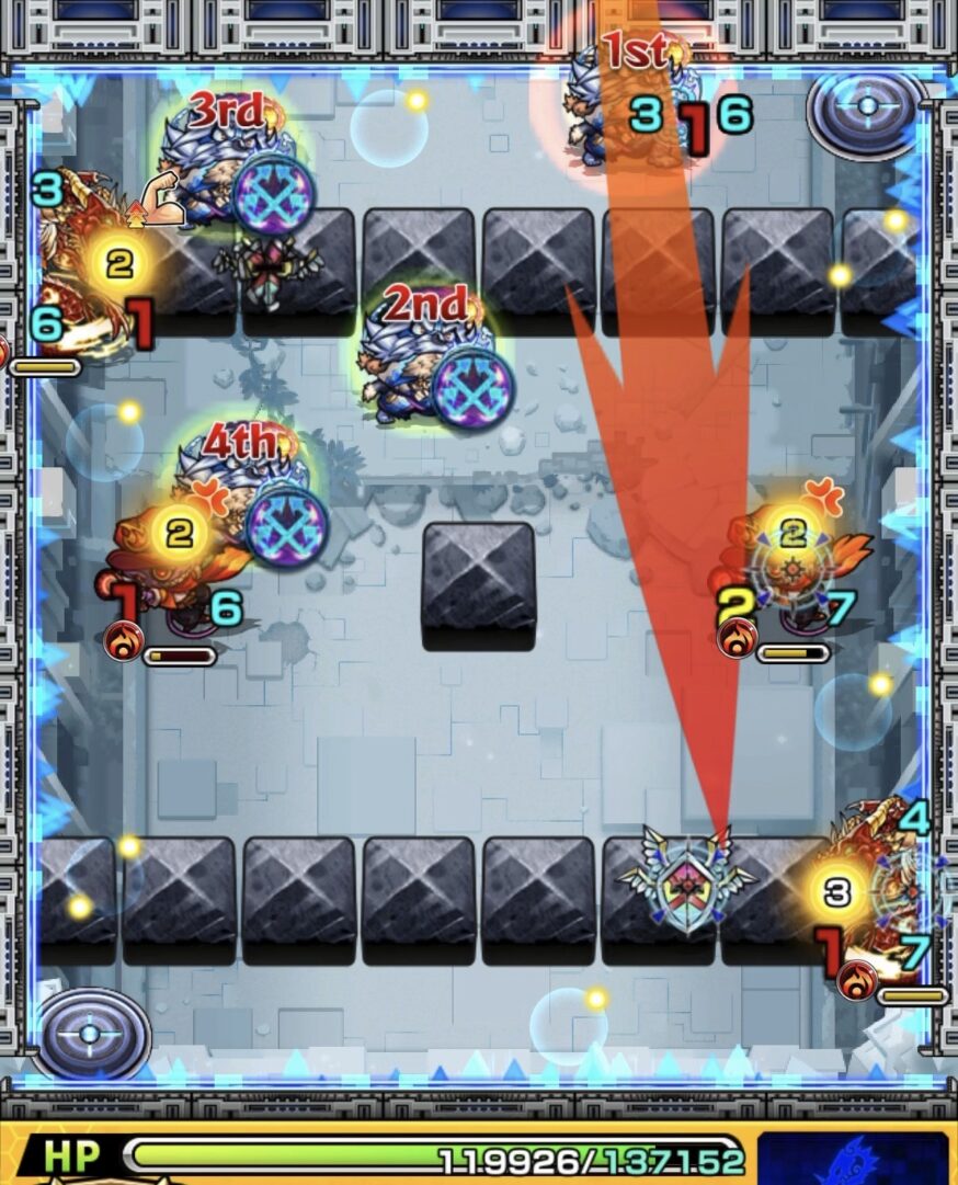 ニギミタマの星墓ステージ2で反射とフォトン回収からガンマンに攻撃してHPを削った場面