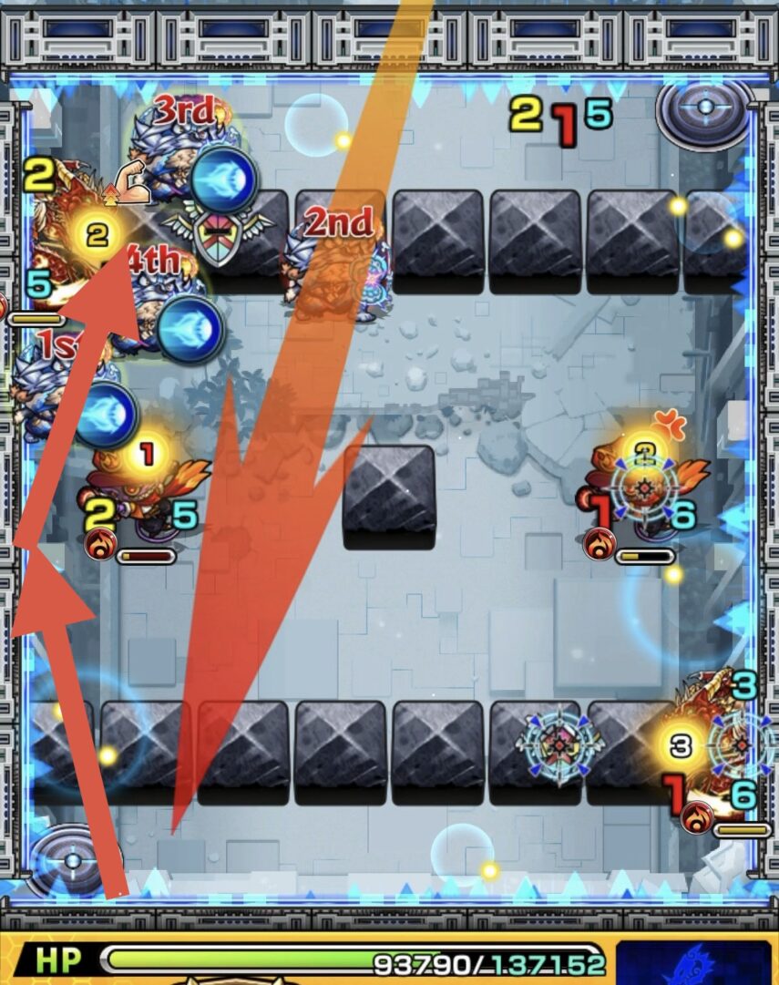 ニギミタマの星墓ステージ2でフォトン回収と壁反射ルートを使いバハムートの処理に成功した場面