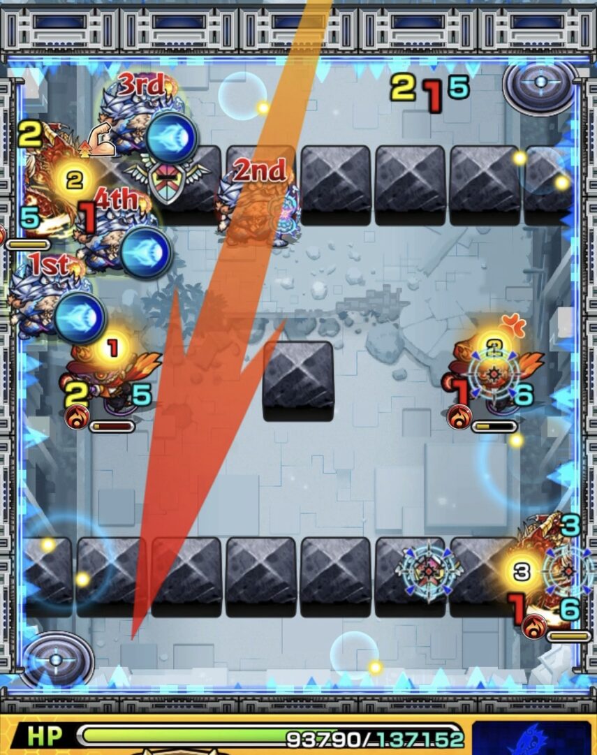 ニギミタマの星墓ステージ2でフォトン回収後に挟まりがずれてバハムートとシールドの間に入り処理した場面