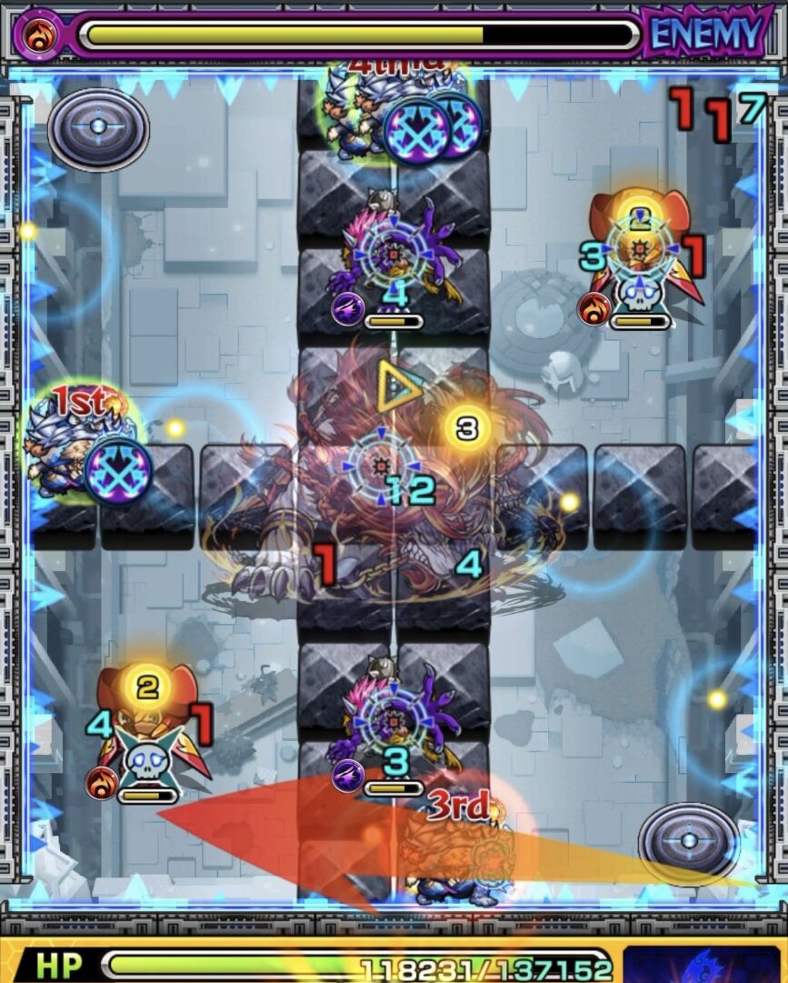 ニギミタマの星墓ステージ3でフォトン回収後にハンシャインと壁のあいだに挟まり処理した場面