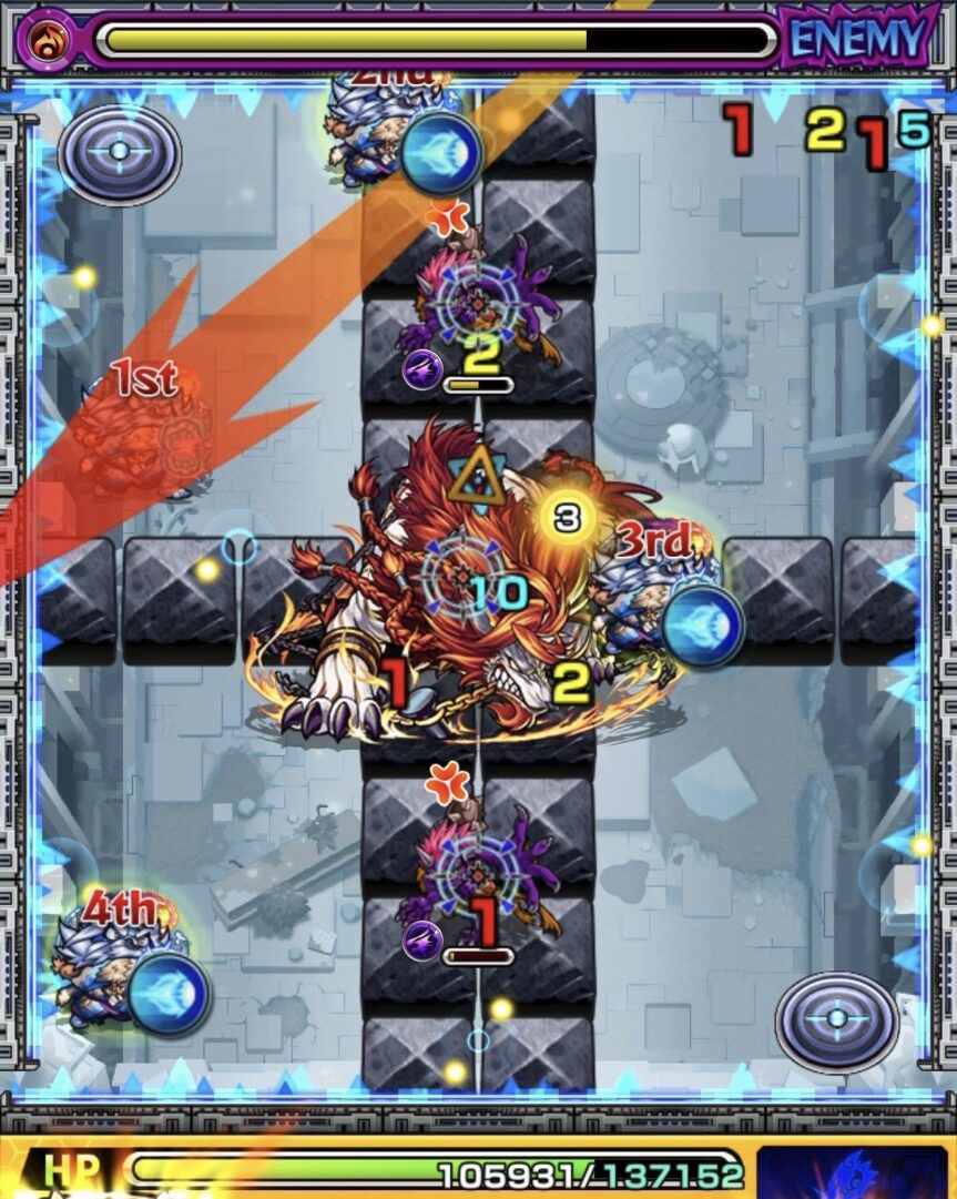 ニギミタマの星墓ステージ3で爆発直前の鬼を優先して攻撃し処理した場面