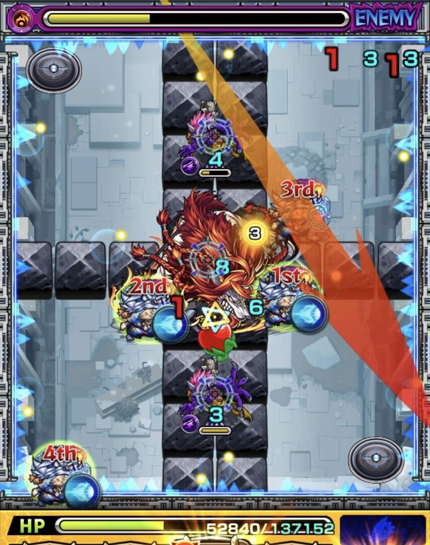 ニギミタマの星墓ステージ3でフェンリルにフォトンを2個付与するため挟まり調整を行った場面