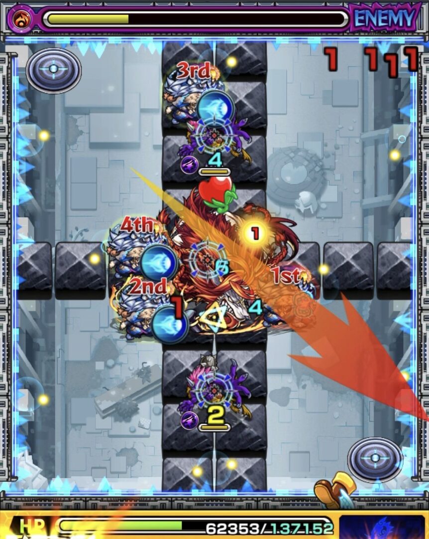 ニギミタマの星墓ステージ3でフォトン回収後に挟まりを狙うも軌道が合わず失敗した場面