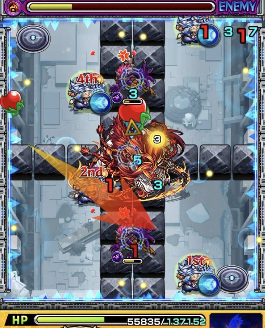 ニギミタマの星墓ステージ3で挟まり失敗により鬼の爆発を受けて大ダメージを受けた場面