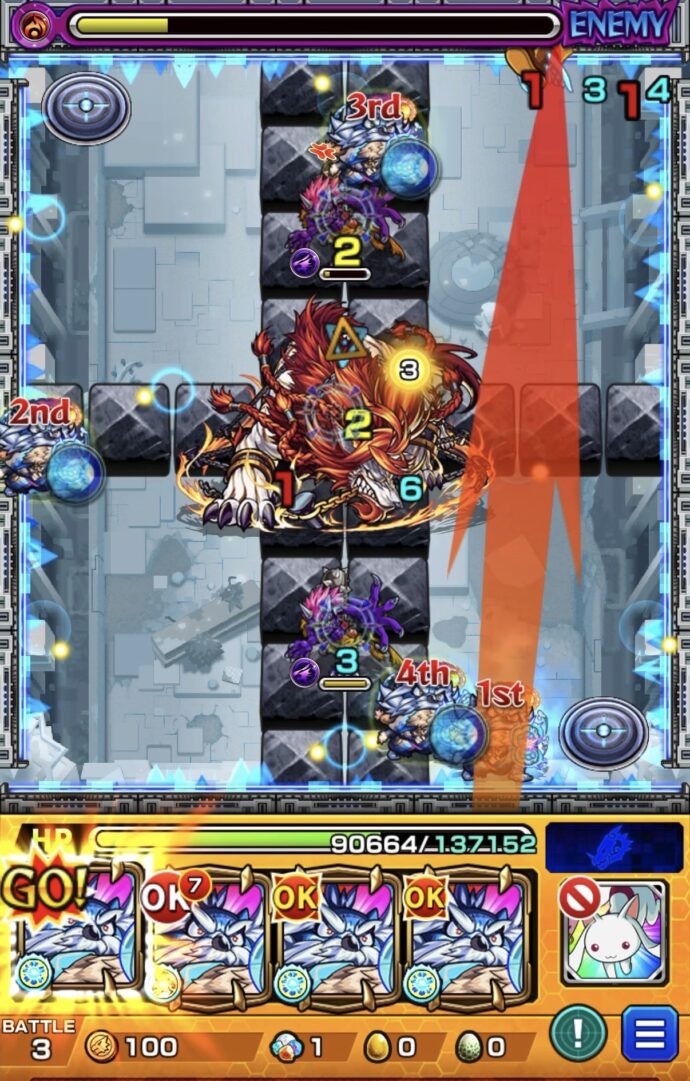 フェンリルの全滅攻撃まで残り2ターンと余裕がなくなってきた状況です。
マスターコーヴのSSを使用し、フォトンを3個付与してから直殴りと友情コンボで攻撃しました。
その結果、フェンリルのHPを削り切り、ステージ3を突破しました。