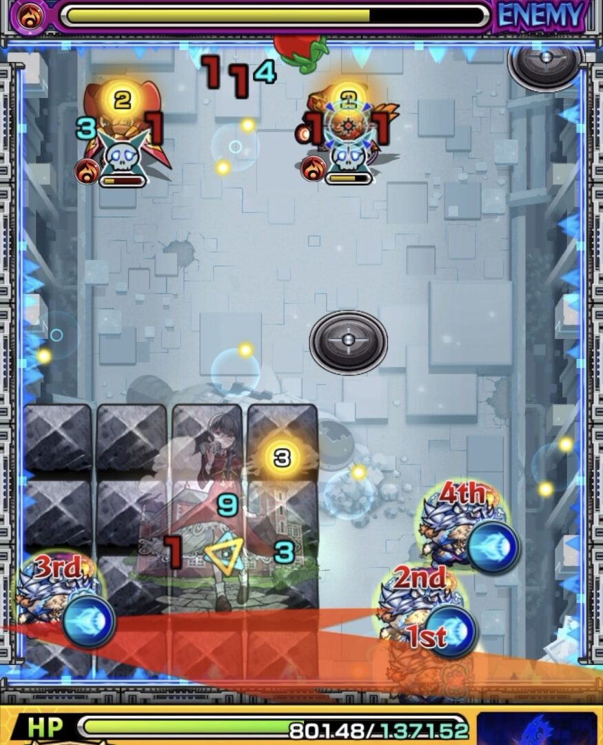 ニギミタマの星墓ステージ4でフォトン付与後にハンシャインと壁のあいだに挟まり処理した場面