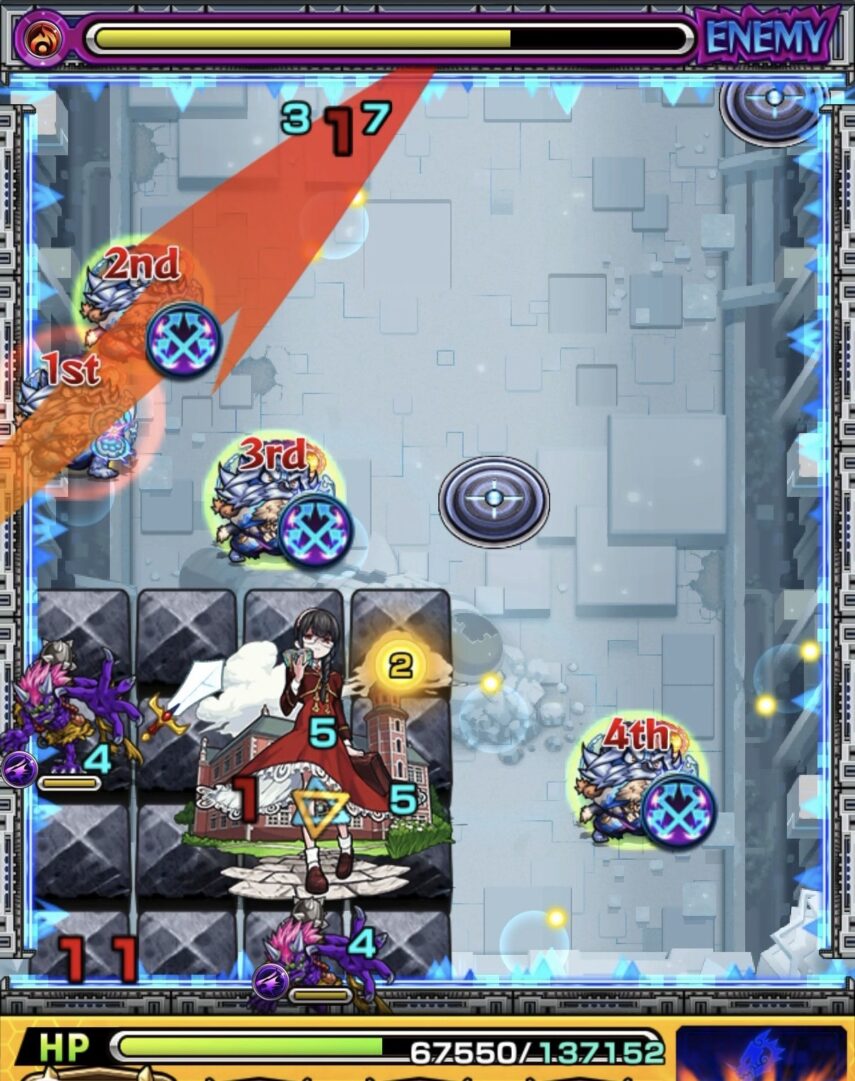 ニギミタマの星墓ステージ4で反射ルートを使い挟まりを狙うも失敗しダメージを与えられなかった場面