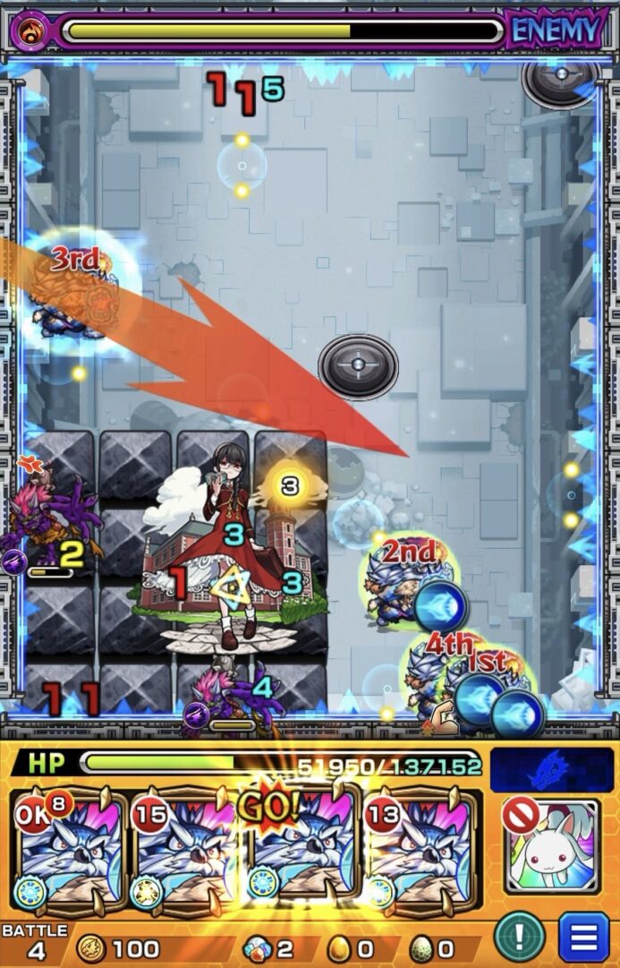 ニギミタマの星墓ステージ4でSS使用後にフォトン付与成功し追撃で中ボスにダメージを与えた場面