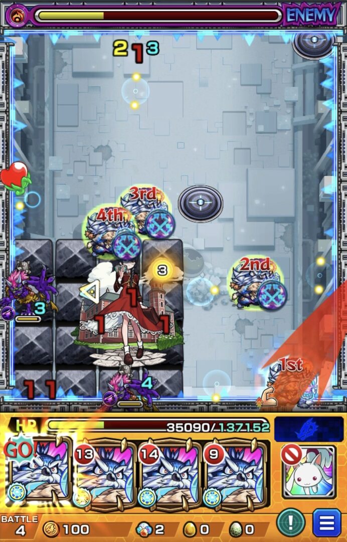 ニギミタマの星墓ステージ4でSSを使用し挟まりで中ボスを削り切って突破した場面