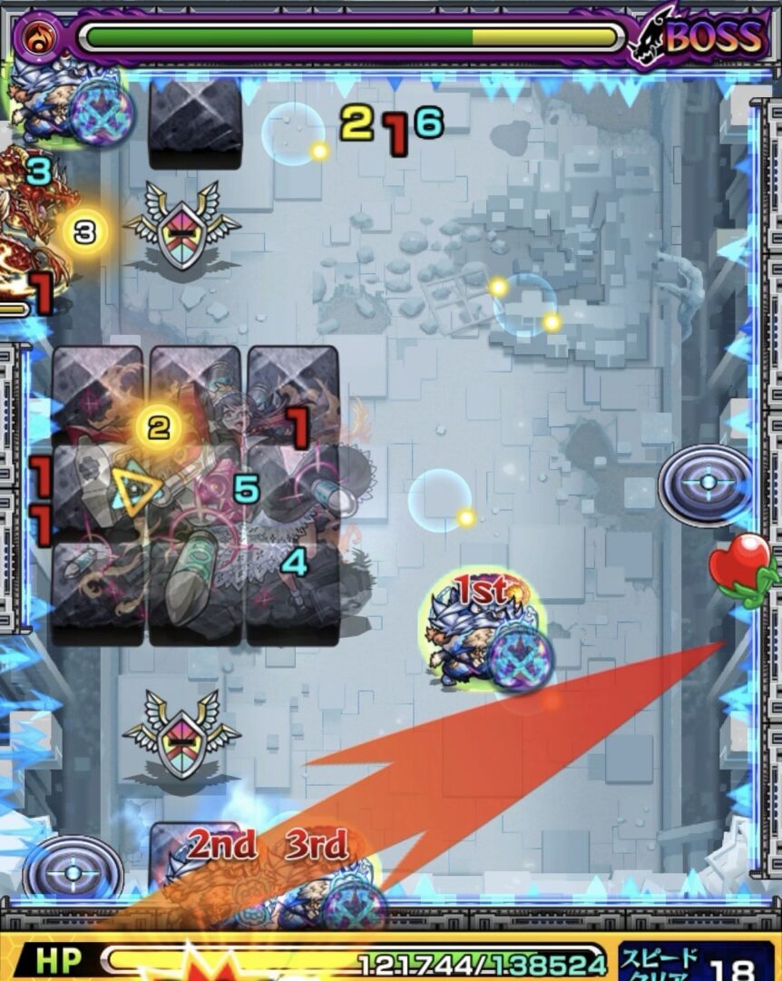 ニギミタマの星墓ボス1でフォトン回収後に下壁からの反射ルートでバハムートを処理した成功例の場面