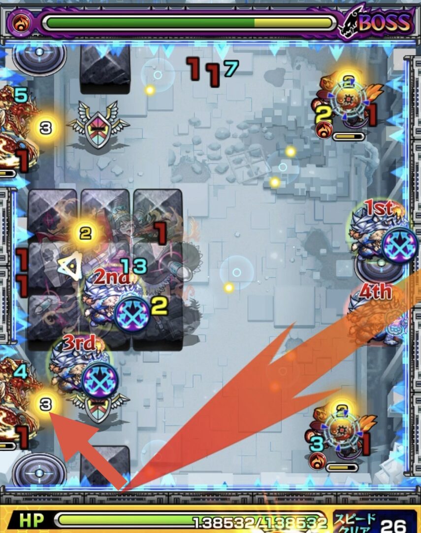 ニギミタマの星墓ボス1で配置を活かしてバハムートを優先処理した場面