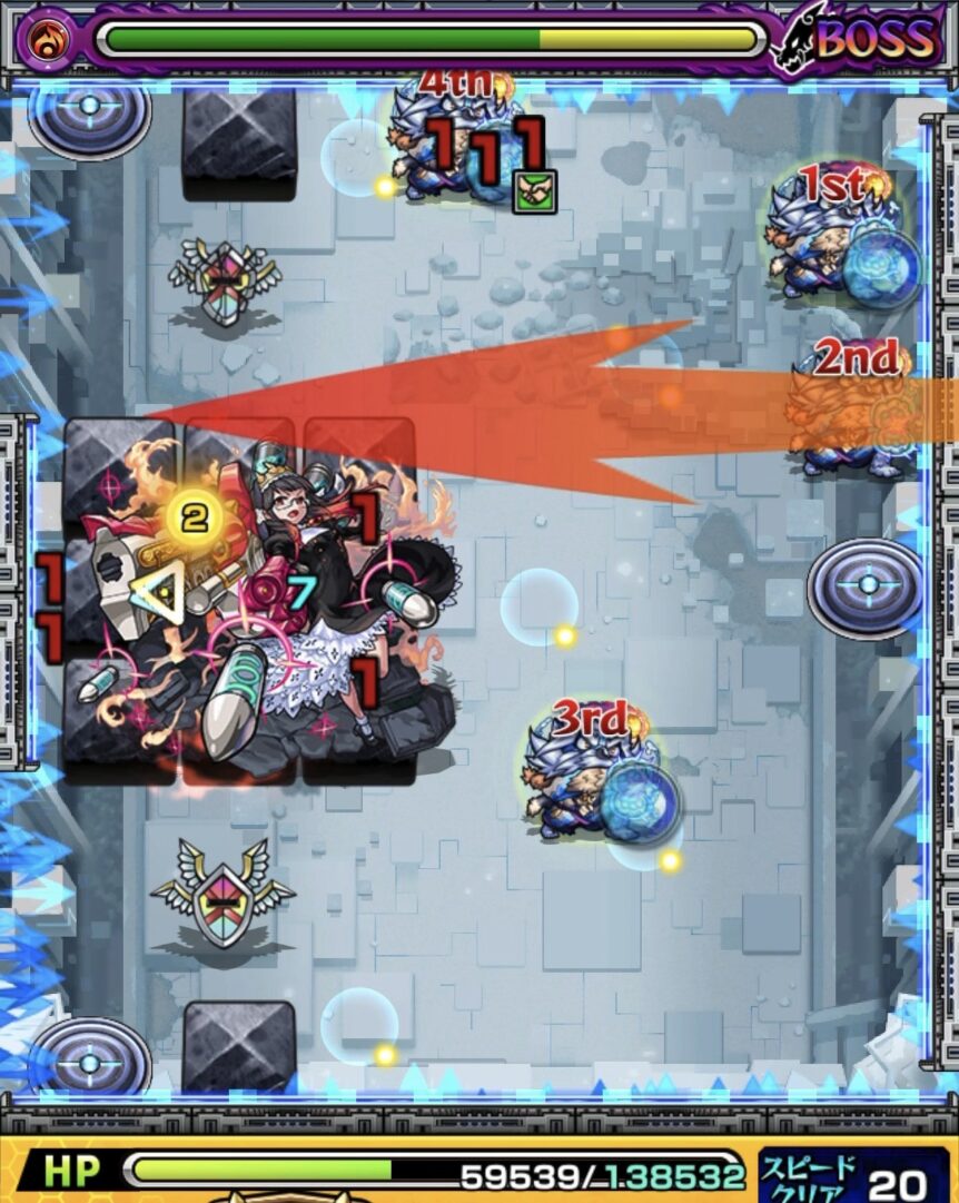 ニギミタマの星墓ボス1で良い配置から挟まりを狙うも角度が浅く失敗した場面