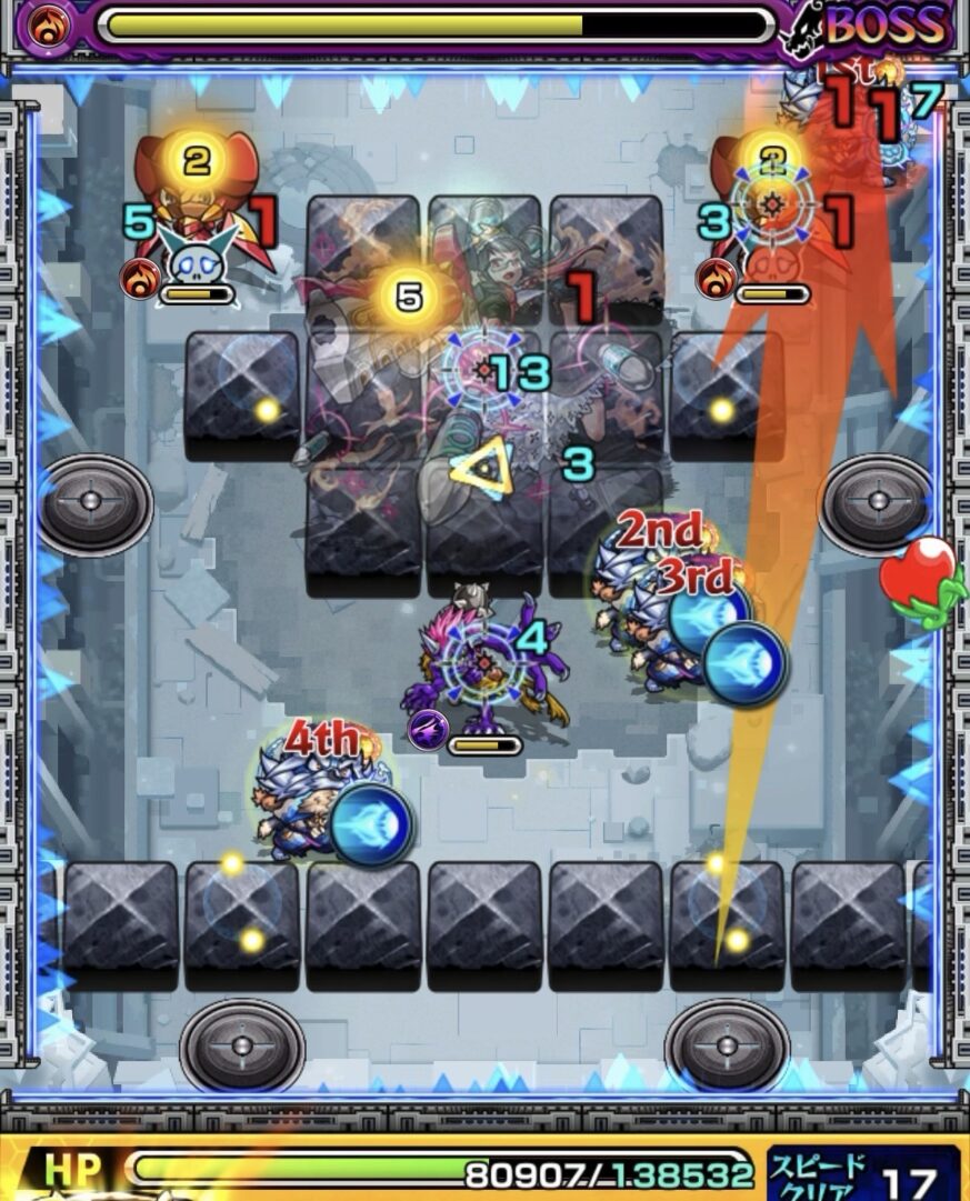 ニギミタマの星墓ボス2で配置が悪い中フォトンを左右のハンシャインに分散して付与した場面