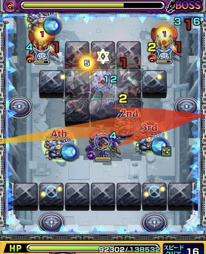 ニギミタマの星墓ボス2でフォトン付与後に壁とのあいだに挟まりハンシャインを処理した場面