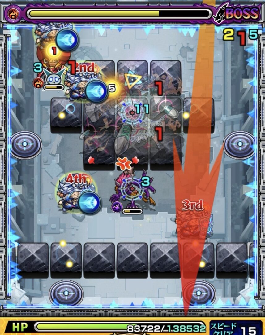 ニギミタマの星墓ボス2で縦軸ルートから鬼を処理しつつハンシャインにダメージを与えた場面