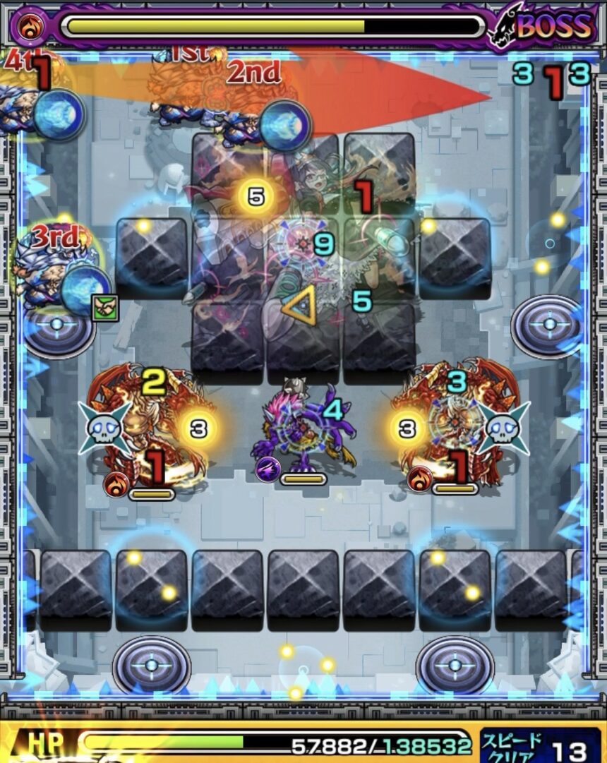 ニギミタマの星墓ボス2で判定差を利用しバハムートと壁のあいだに挟まり処理した場面