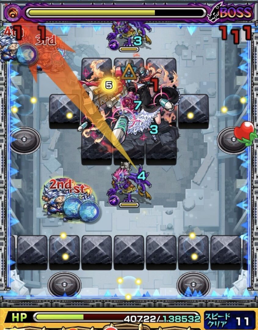 ニギミタマの星墓ボス2で角反射から弱点挟まりを決めてボスにダメージを与えた場面