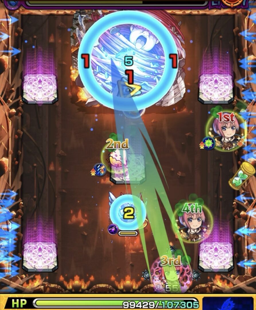 ステージ1で反撃による狂化解除から再付与し、中ボス弱点に大ダメージを与えた3手目の立ち回り解説画像