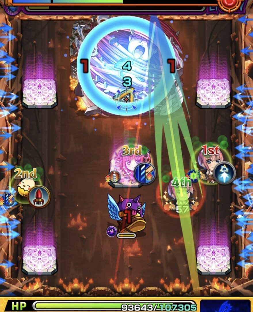 ステージ1で反撃解除から再狂化し加速を利用して弱点を攻撃し中ボスを撃破した4手目の立ち回り解説画像