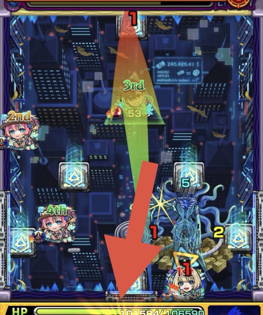 ステージ4の立ち回り解説｜黄壁を右に移動させて中ボスと下壁のあいだに入り削り切って突破した場面