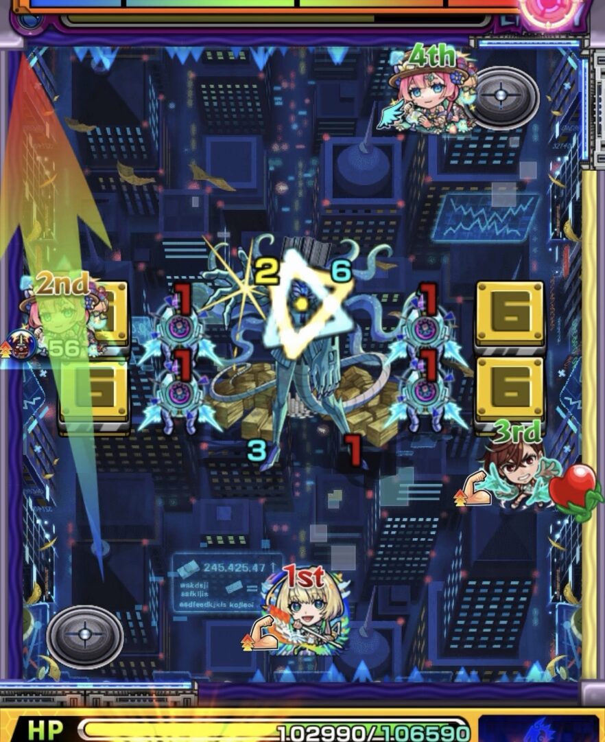 ステージ5の立ち回り解説｜エナジーを複数取得して中ボスの弱点を攻撃し大ダメージを与えた場面