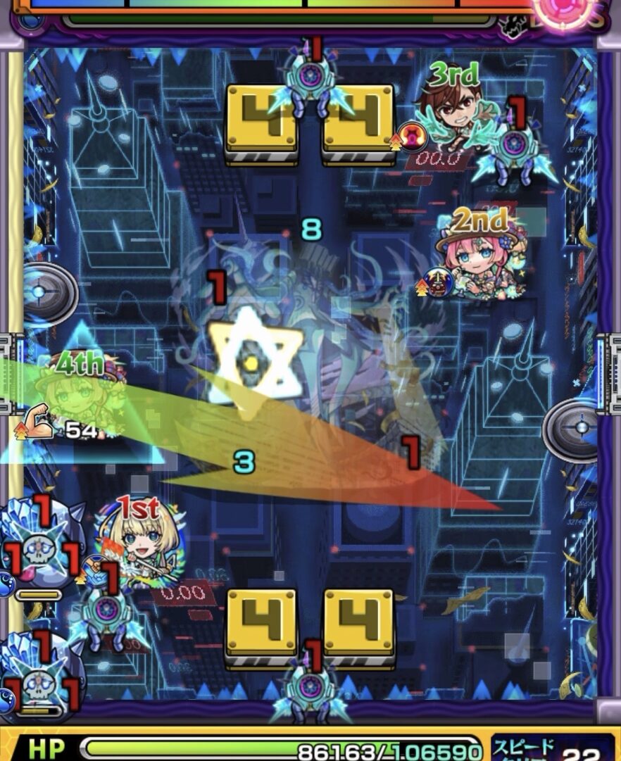 ボス2の立ち回り解説｜黄壁を右に移動させてかちリンを狙うもビットンとのあいだに挟まってしまった場面