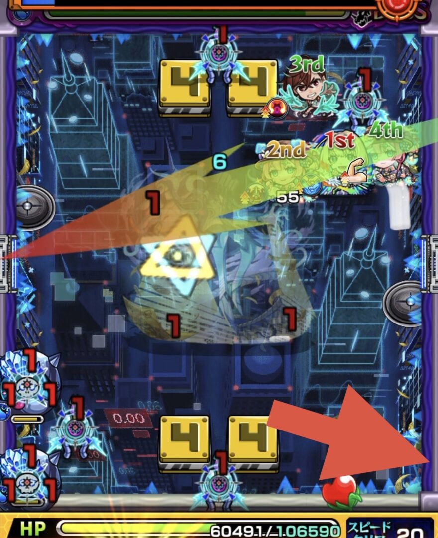 ボス2の立ち回り解説｜黄壁を右に移動させてかちリンのあいだに挟まるも同時処理できなかった場面