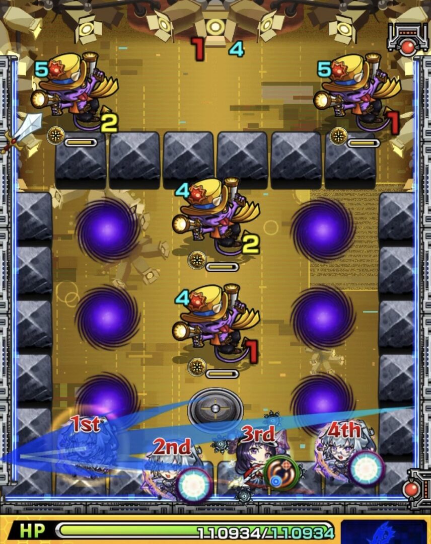 モンスト黎絶ビリミスクのステージ1開幕の立ち回り。左角の壁にふれて友情コンボを発動しガンマン2体を処理した場面