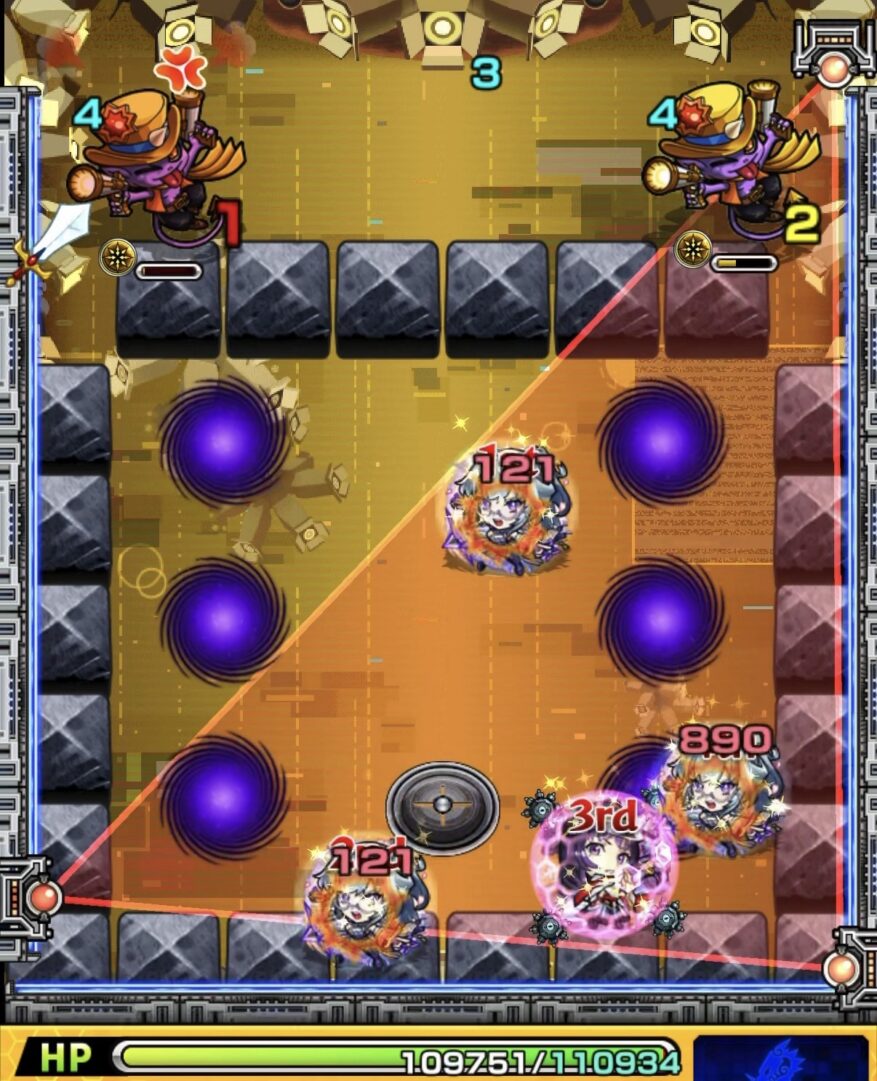 モンスト黎絶ビリミスクのトライアングルエリア設置後のステージ1。エリアを展開した状態で友情を発動しガンマン2体を処理した場面