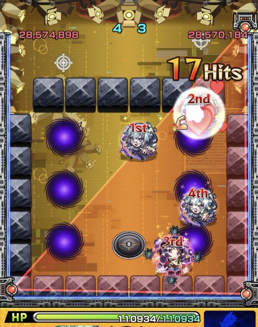 モンスト黎絶ビリミスクのトライアングルエリア設置後のステージ1。エリアを展開して友情を発動しガンマンを処理して突破した場面