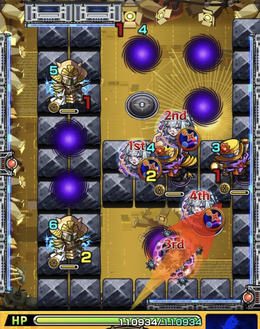 モンスト黎絶ビリミスクのステージ2開幕の立ち回り。ワープを利用してエリアを設置し友情コンボでガンマンとサムライを処理した場面