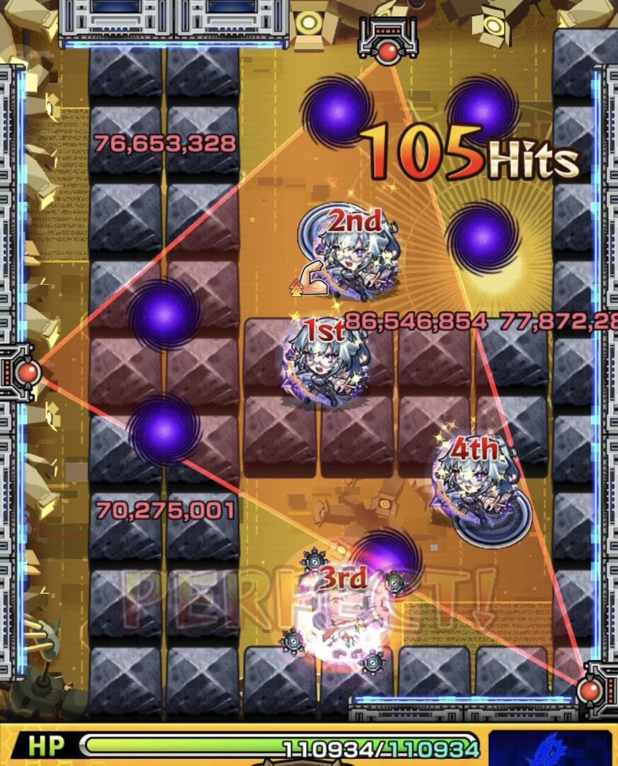 モンスト黎絶ビリミスクのトライアングルエリア設置後のステージ2。ワープを活かしてエリアを展開し友情でガンマンとサムライを同時処理した場面