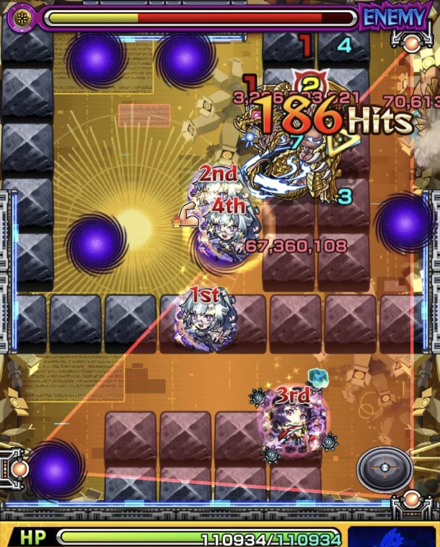 モンスト黎絶ビリミスクのトライアングルエリア設置後のステージ3。エリアを活かして友情を発動しサムライ処理とバハムートに大ダメージを与えた場面