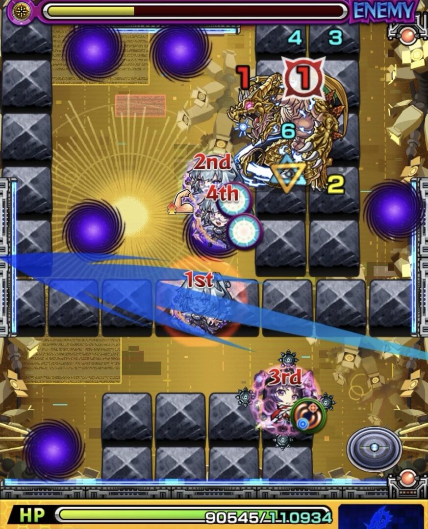 モンスト黎絶ビリミスクのステージ3の立ち回り。クレシェンドアタックまで1ターンのバハムートを友情コンボで撃破した場面