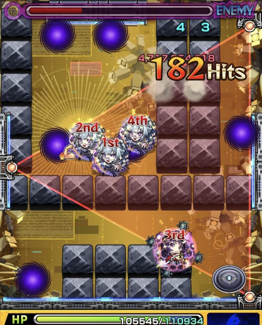 モンスト黎絶ビリミスクのトライアングルエリア設置後のステージ3。エリア内に味方を配置して友情を発動しバハムートを処理した場面