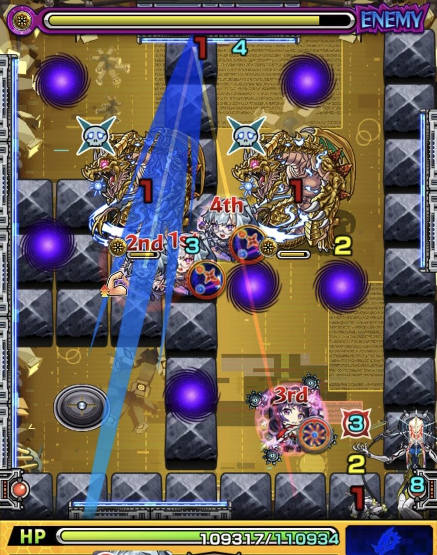 モンスト黎絶ビリミスクのステージ4開幕の立ち回り。友情コンボでバハムート2体を処理しクロスドクロ発動で中ボスが実体化した場面