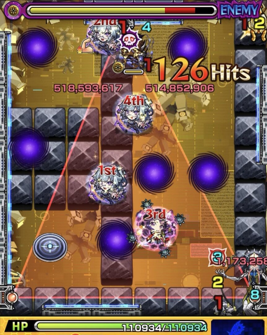 モンスト黎絶ビリミスクのトライアングルエリア設置後のステージ4。エリアを活かした友情でバハムートを処理し中ボスが実体化した場面