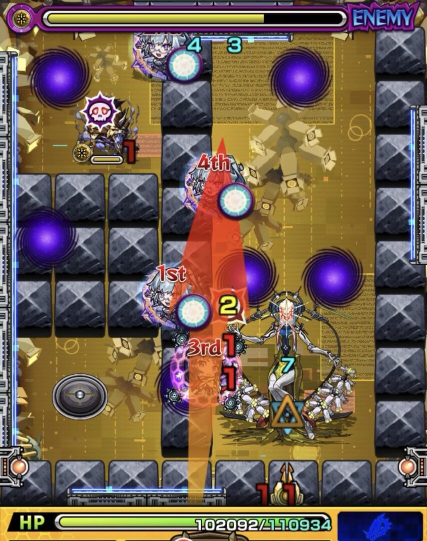 モンスト黎絶ビリミスクのステージ4の立ち回り。ワープを利用して友情を誘発し中ボスにダメージを与えた場面