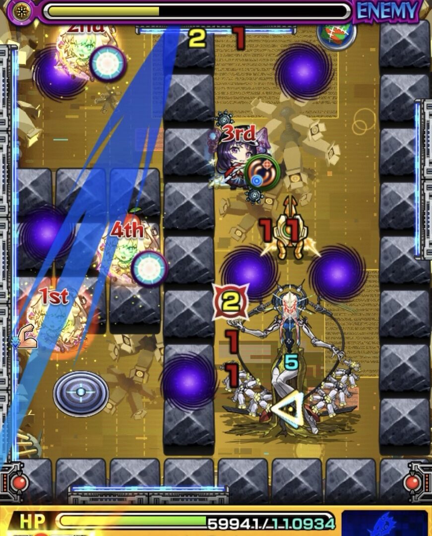 モンスト黎絶ビリミスクのステージ4の立ち回り。友情で中ボスを攻撃するもエリア外に押し出されダメージが伸びなかった場面